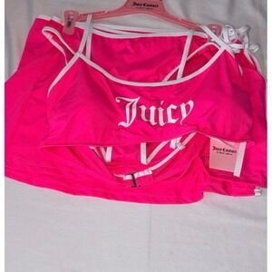 Juicy Couture Womens 3 Piece Bikini Set Hot Pink White Logo Skirt Small NEW